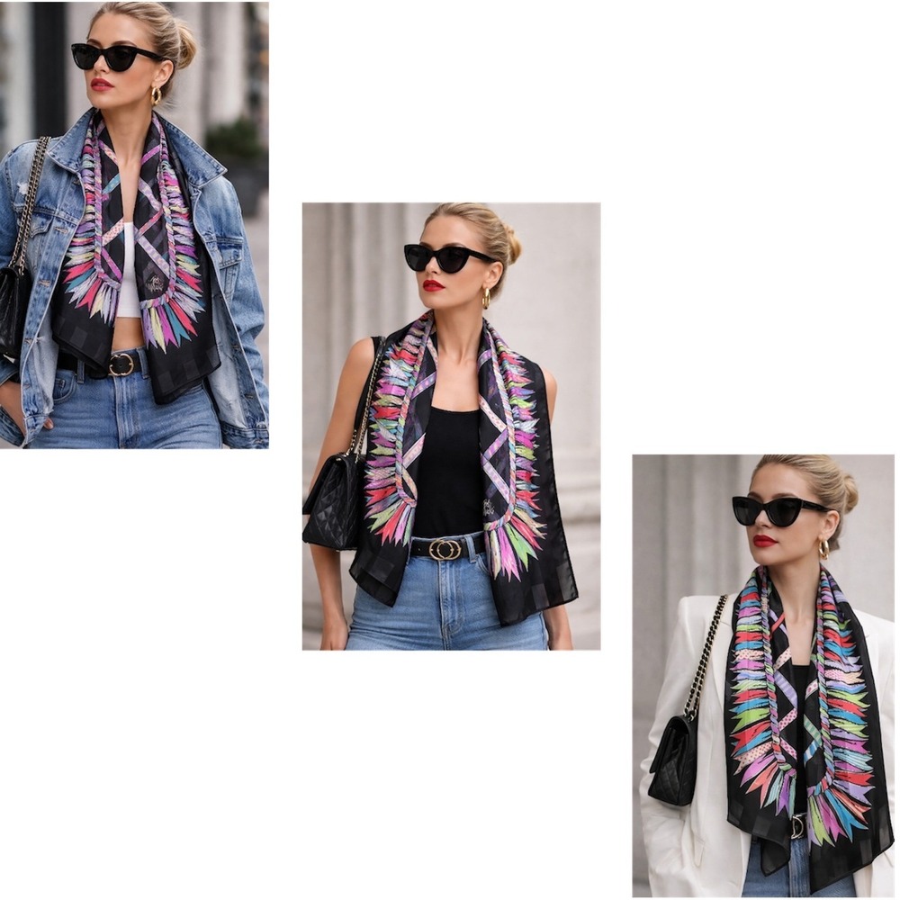Bob Mackie Wearable Art Silk Scarf Shawl Abstract Ribbon Print 13"x64" - Picture 4 of 13